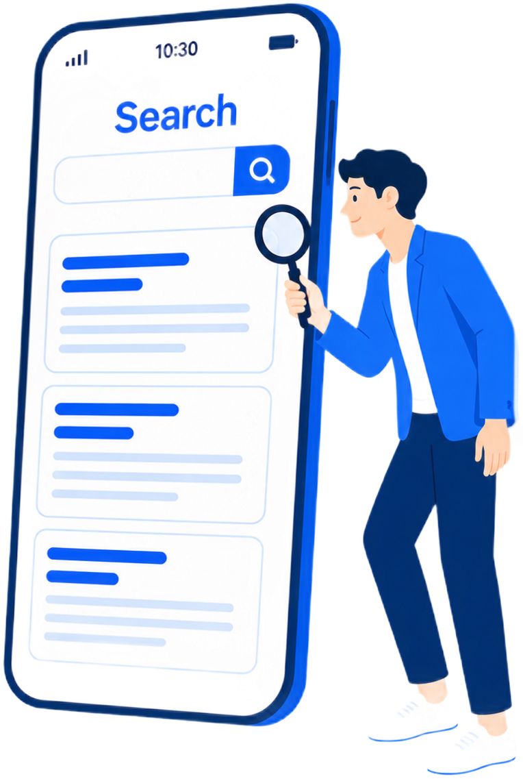 スマートフォンで検索結果を分析するNEXERの担当者のイラスト