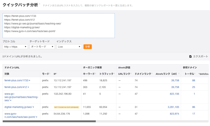 Ahrefsのクイックバッチ分析