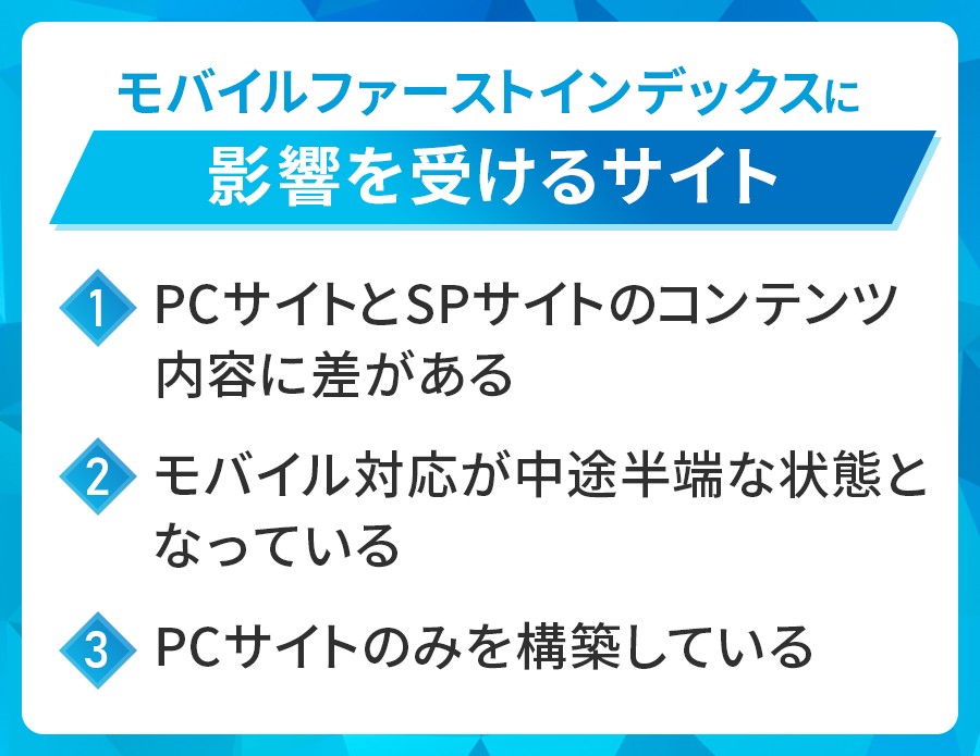 モバイルファーストインデックスの影響を受けるサイ