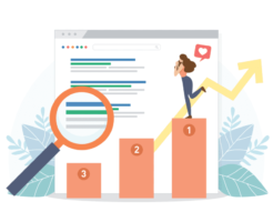 googleアナリティクスで上位表示を喜ぶ女性のイラスト